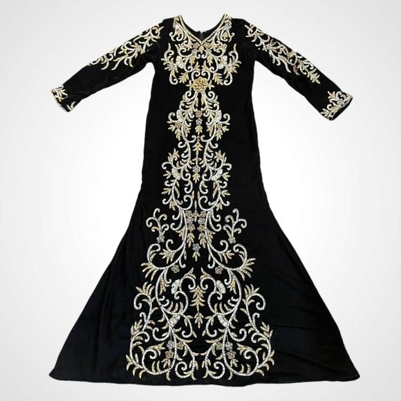 VTG BLACK VELVET BEADED EMBELLISHED GOWN DRESS SIZE SMALL - Picture 8 of 16